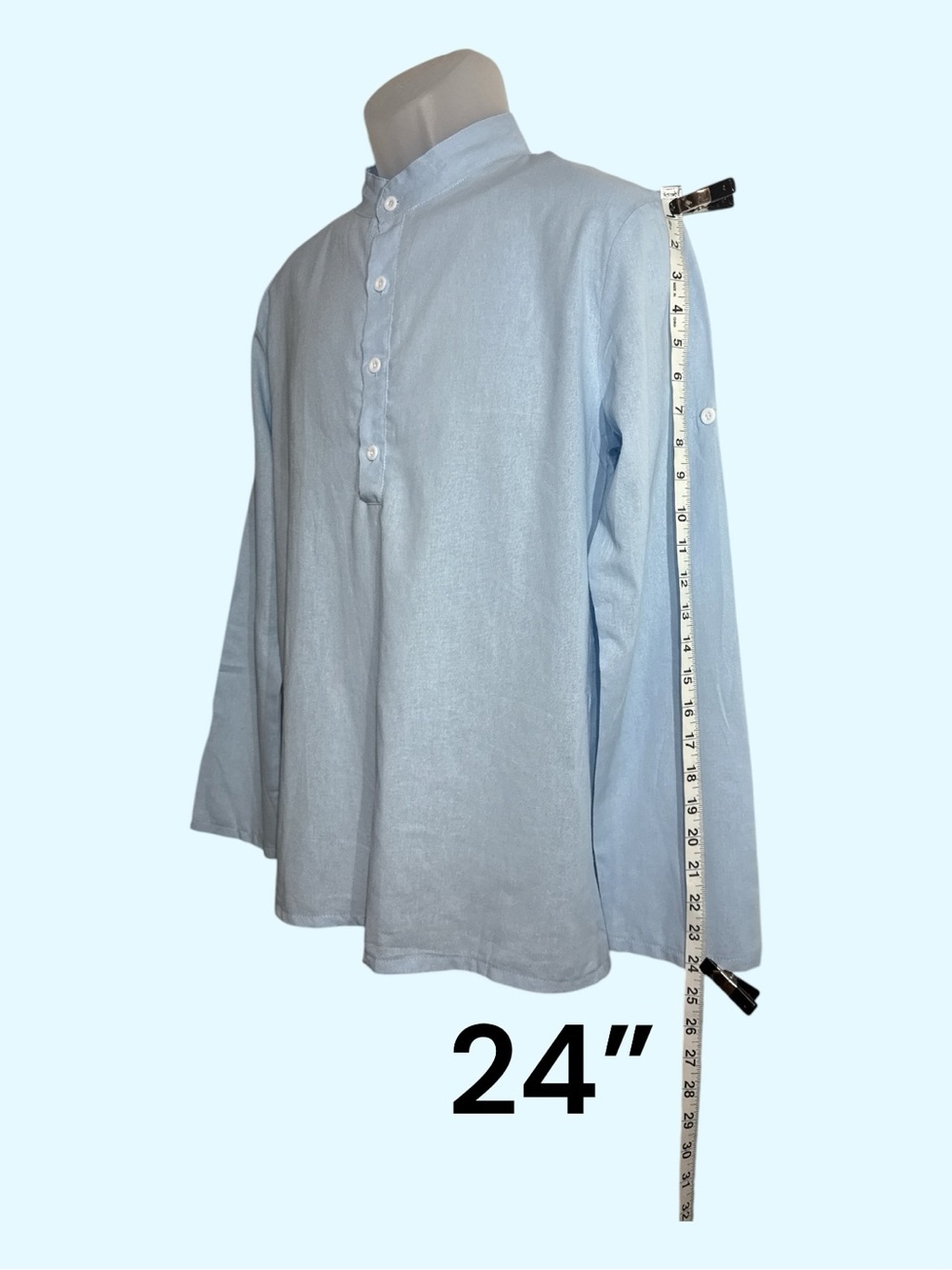 Band Collar Cotton Linen Blend Long Adjustable Sleeve Light Blue Size Small - Picture 5 of 11